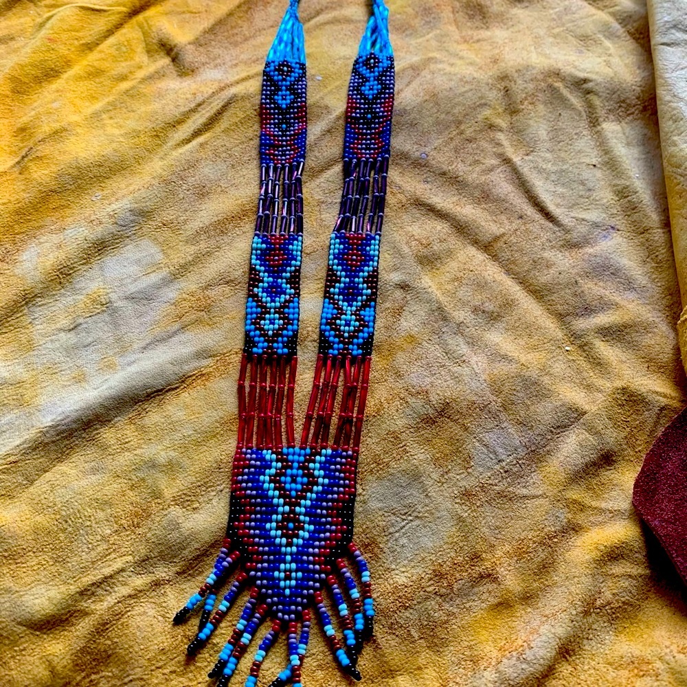 Brand New Necklace Handmade Red Blue  Rust Seed Bead Black Turquoise Lightweight